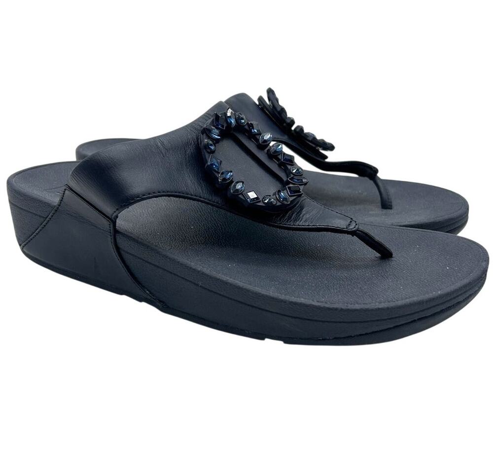 FitFlop Lulu Crystal Circlet Navy Leather Toe-Post Sandals Size 9 EU 41 Summer